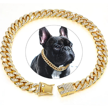 Collar de cadena cubana de diamantes de lujo para perros y gatos