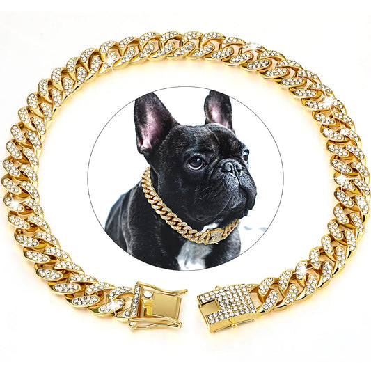 Collar de cadena cubana de diamantes de lujo para perros y gatos