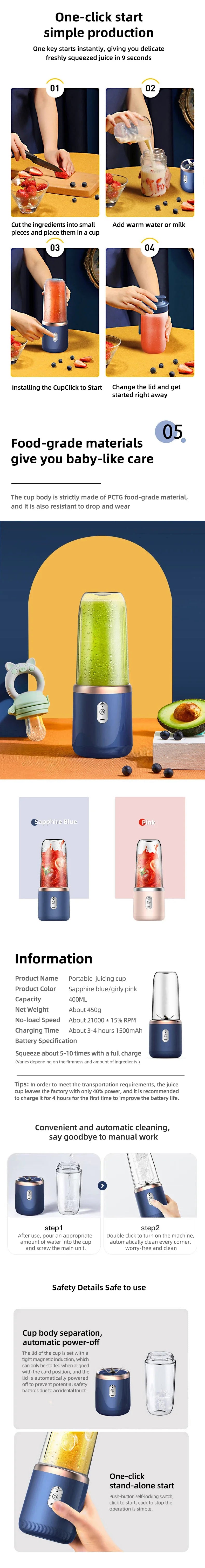 Multi-Function USB Rechargeable Juicer with Double Cups and 6 Blades.