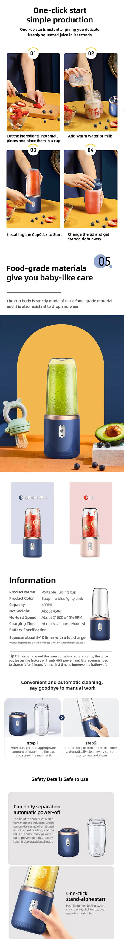 Multi-Function USB Rechargeable Juicer with Double Cups and 6 Blades.