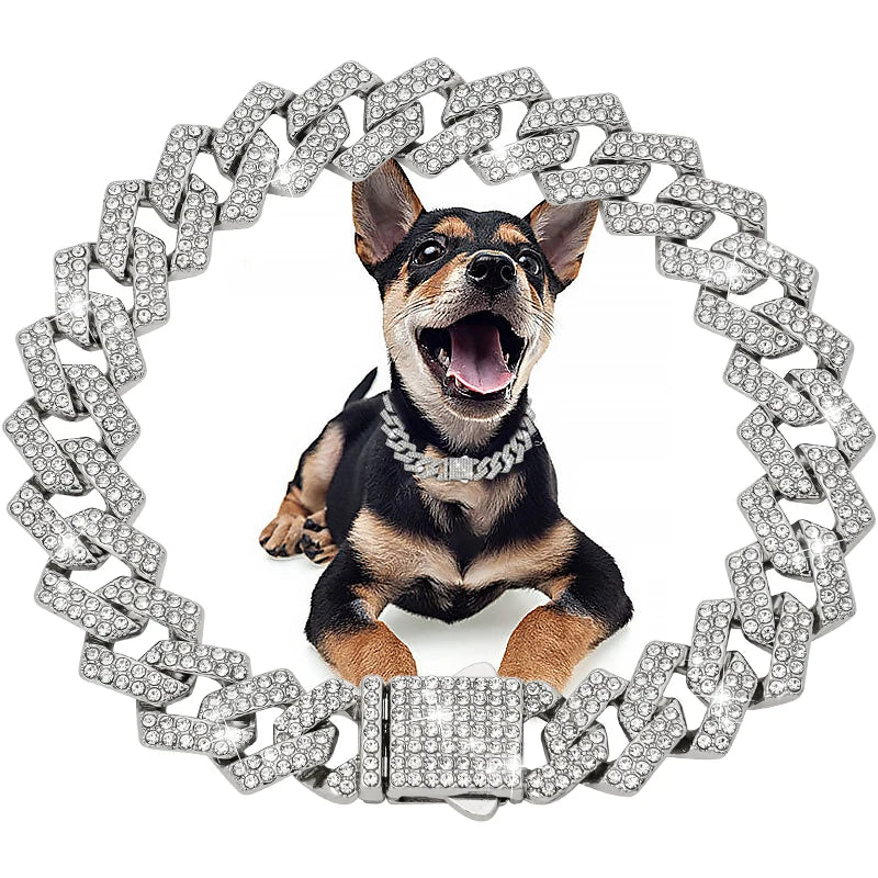 Collar de cadena cubana de diamantes de lujo para perros y gatos