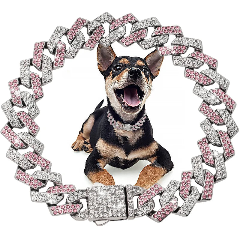 Collar de cadena cubana de diamantes de lujo para perros y gatos