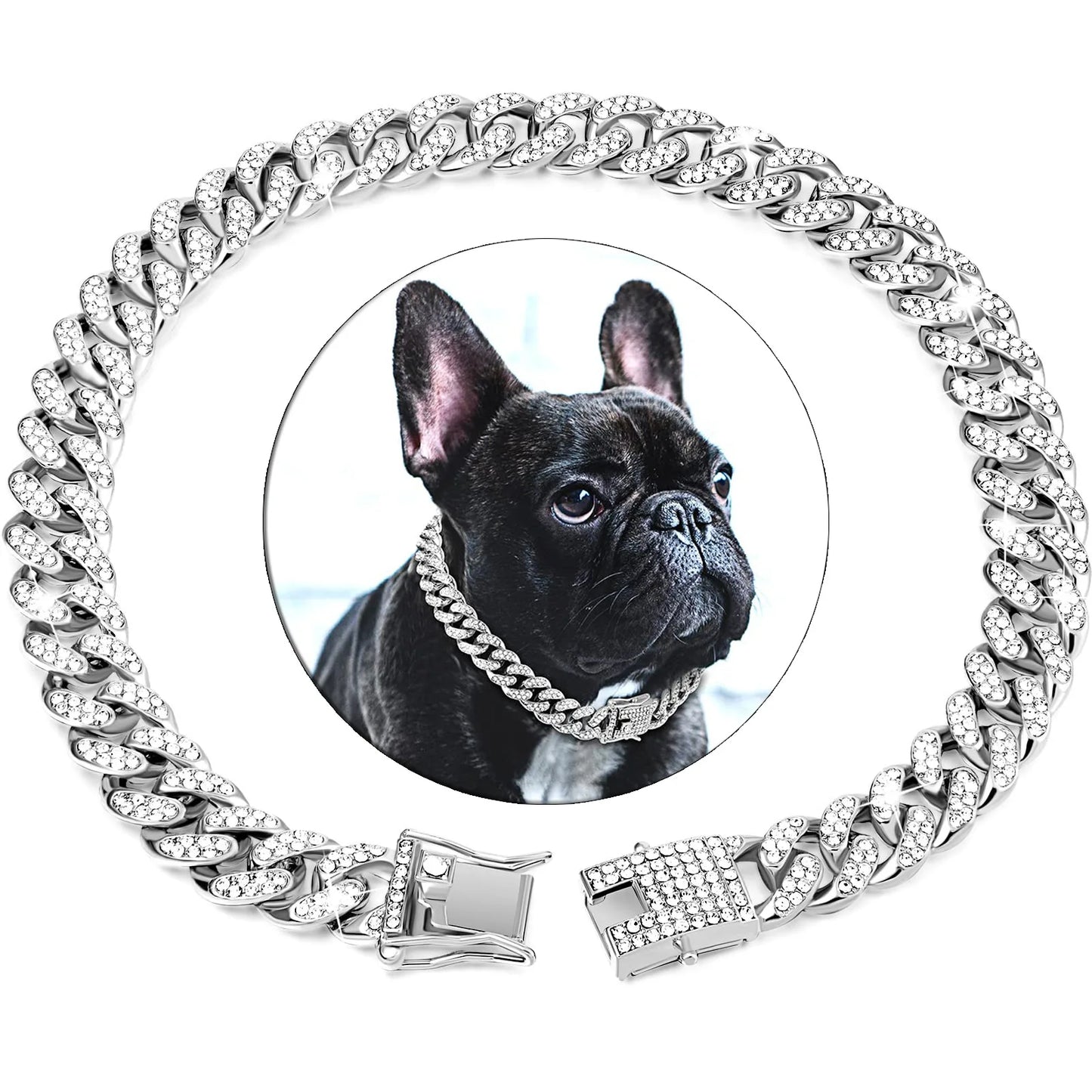 Collar de cadena cubana de diamantes de lujo para perros y gatos
