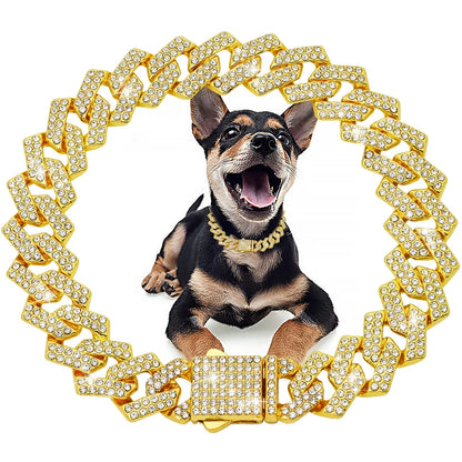 Collar de cadena cubana de diamantes de lujo para perros y gatos