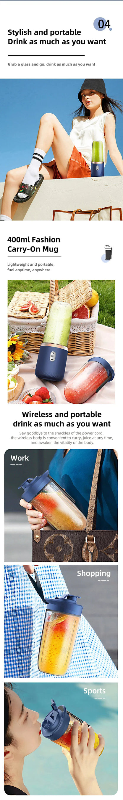Multi-Function USB Rechargeable Juicer with Double Cups and 6 Blades.